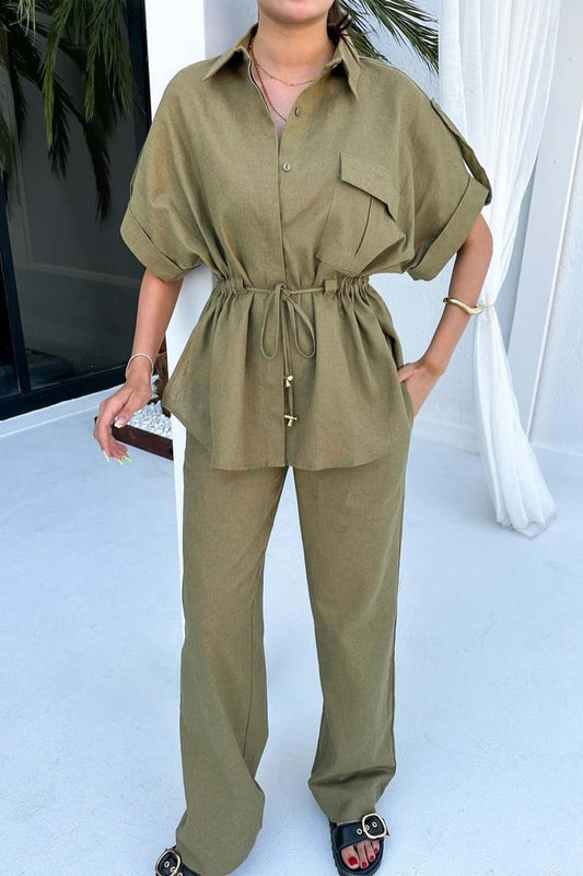 Half Sleeve Drawstring Shirt Long Pants Two-piece Set