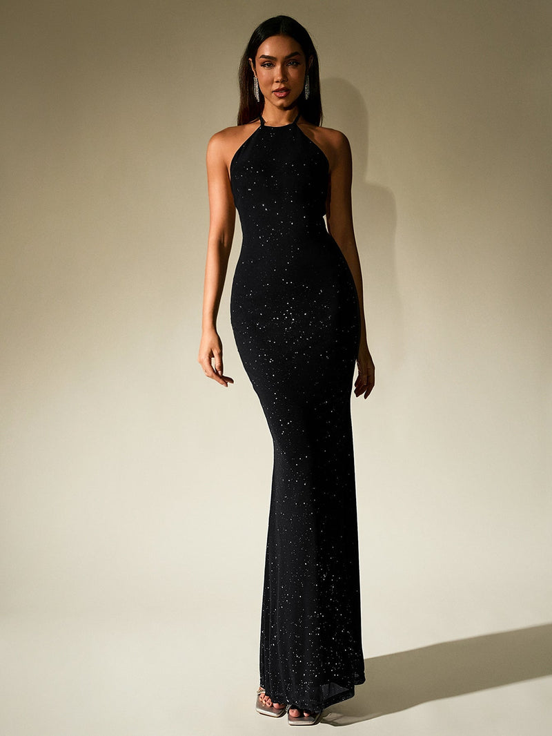 Halter Backless Mesh Sequin Bodycon Dress