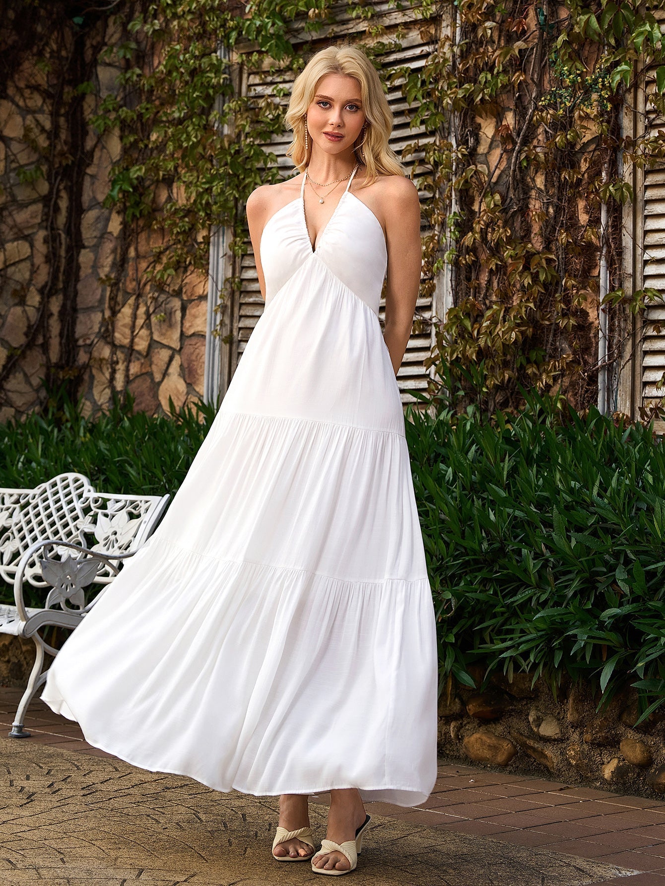 Halter Bow Tie Back Ruched Bust Maxi Dress