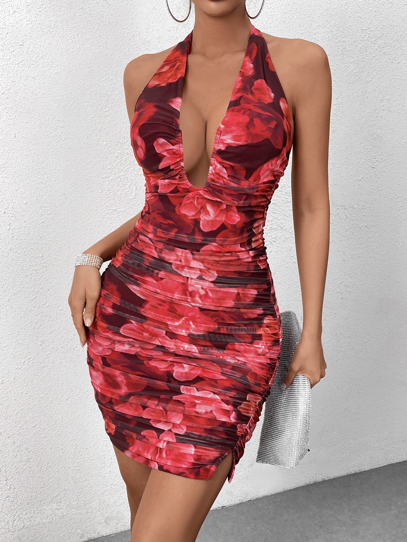 Halter Deep V-neck Print Bodycon Dress
