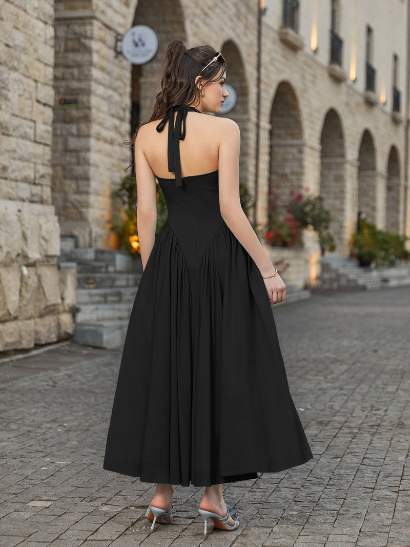 Halter Deep V-neck Ruched Waist Dress