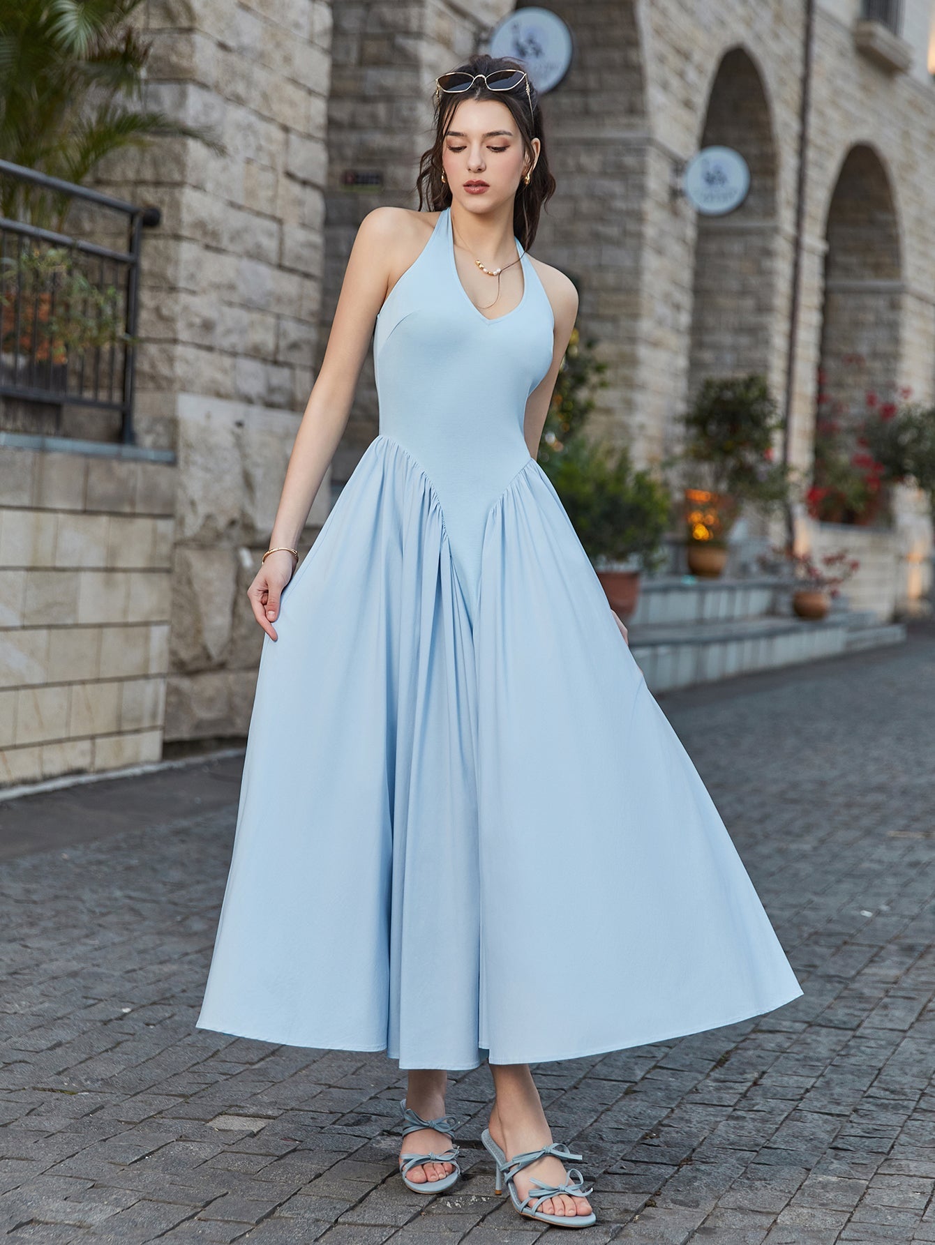 Halter Deep V-neck Ruched Waist Dress