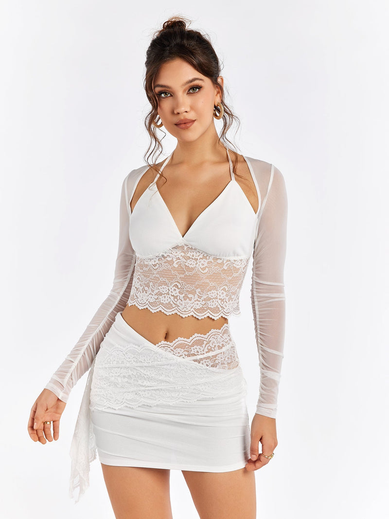 Halter Mesh Patchwork Lace Top&embellished Lace Bodycon Skirt