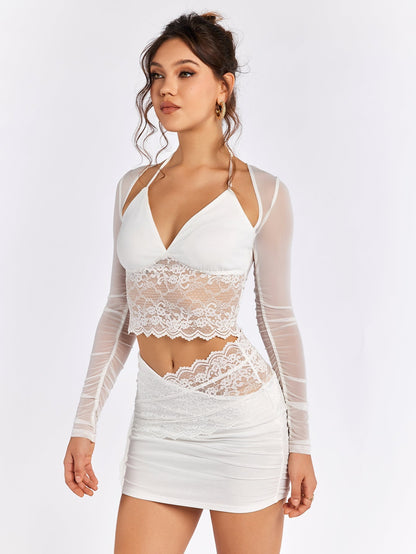 Halter Mesh Patchwork Lace Top&embellished Lace Bodycon Skirt