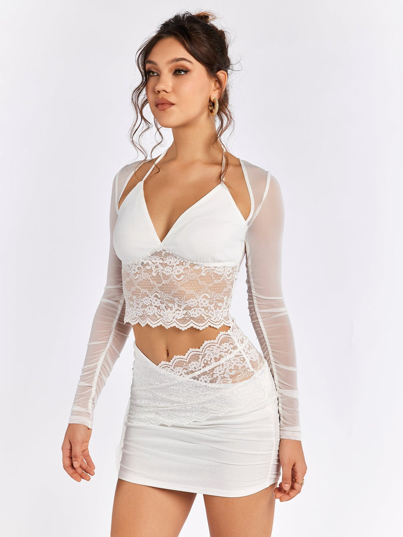 Halter Mesh Patchwork Lace Top&embellished Lace Bodycon Skirt