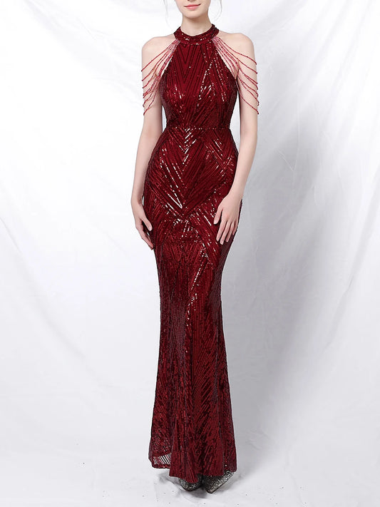 Halter Neck Sequined Evening Dresses Crystal Tassel Hip Skirt Sleeveless Rhinestone Decoration Long Dress