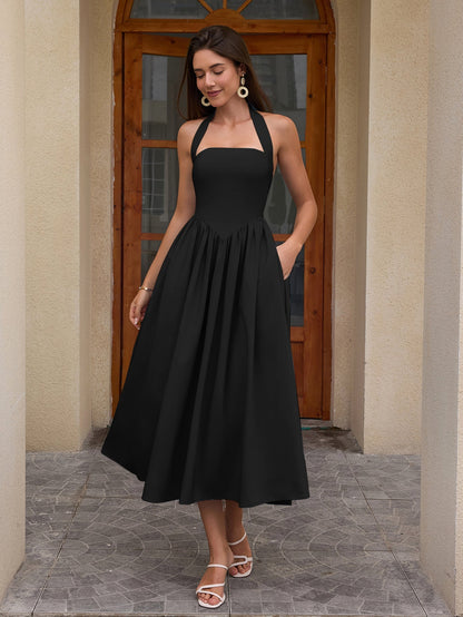 Halter Ruched Backless Flared Pocket Long Dress
