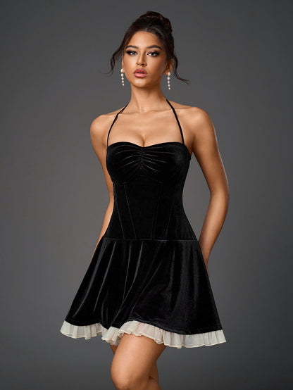 Halter Ruched Bust Mesh Trim Velvet Dress