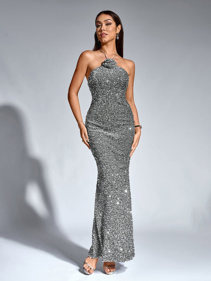 Halter Stereo Flower Sequin Mermaid Dress