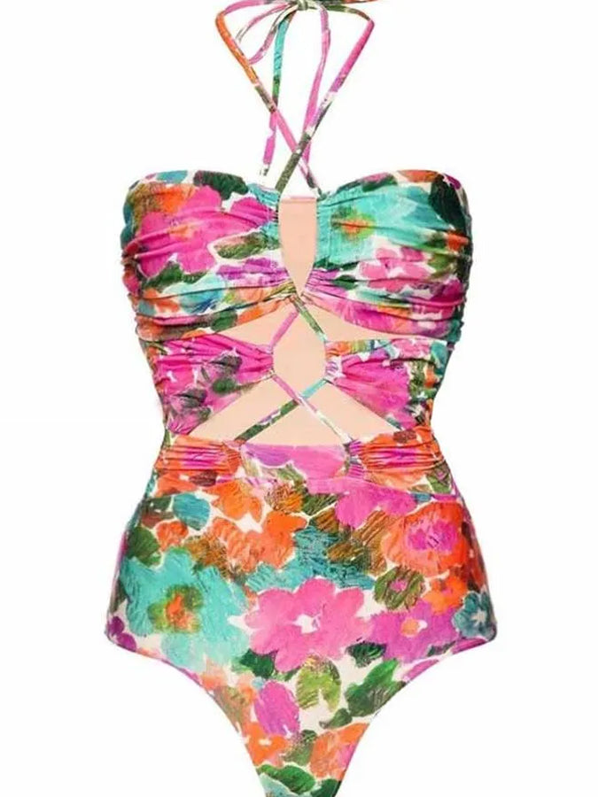 Halter Straps Cutout Doodle One-piece Swimsuit and Skirt