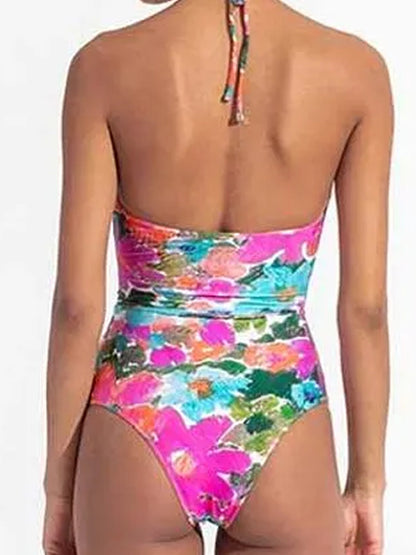 Halter Straps Cutout Doodle One-piece Swimsuit and Skirt