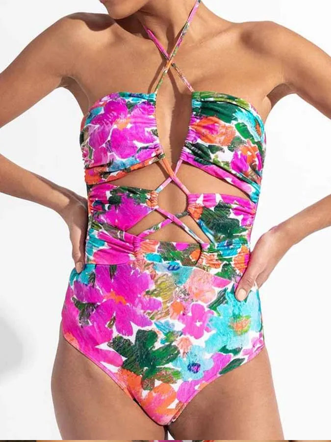Halter Straps Cutout Doodle One-piece Swimsuit and Skirt