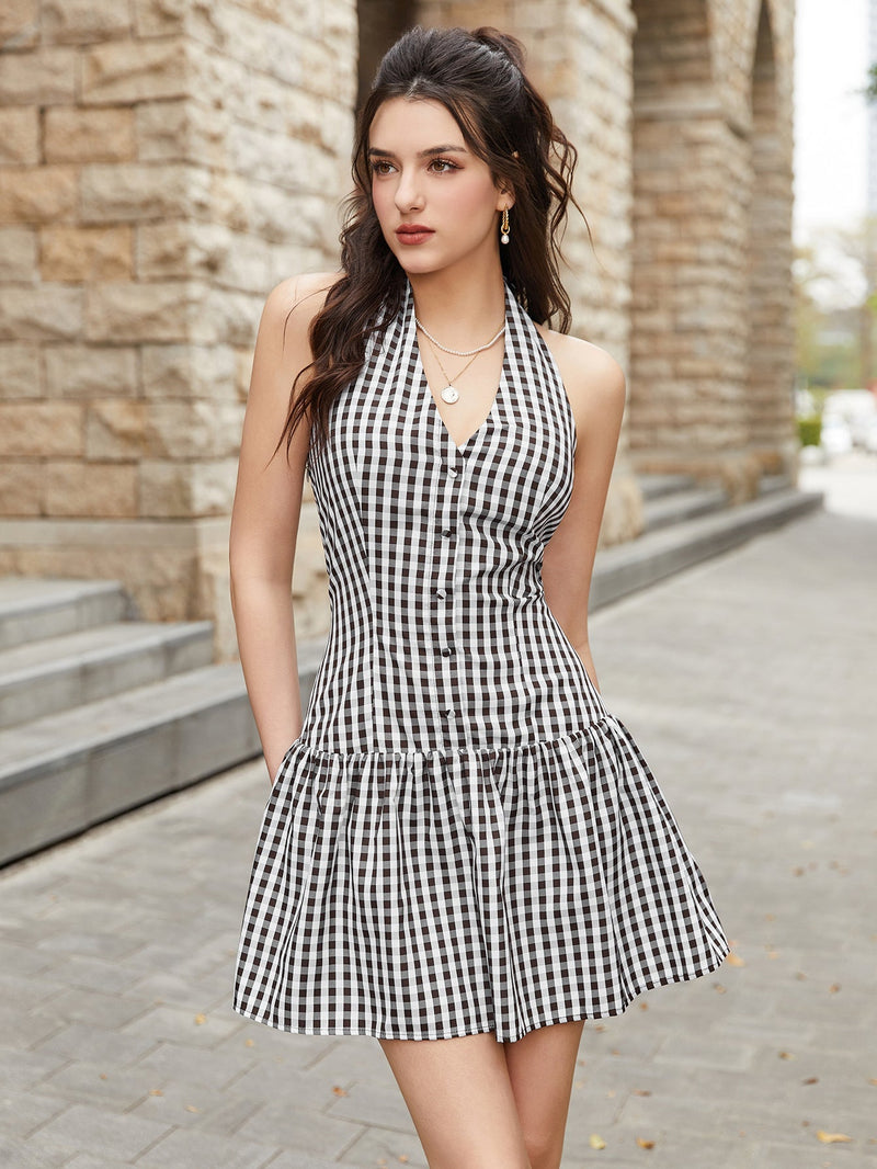 Halter V-neck Button Flared Hem Plaid Print Dress
