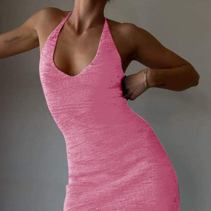Halter V-neck Knitted Midi Dress