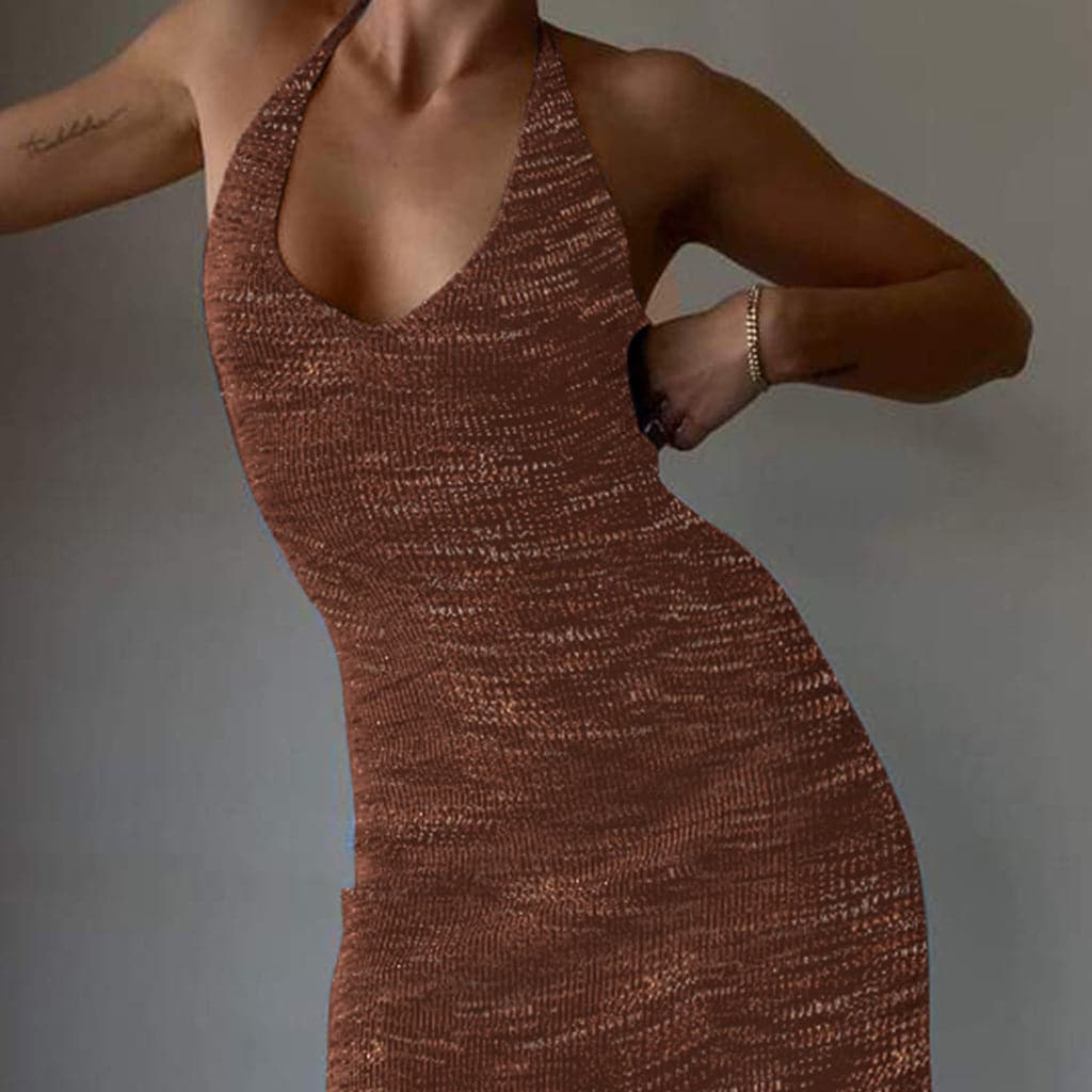 Halter V-neck Knitted Midi Dress