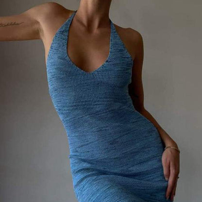 Halter V-neck Knitted Midi Dress