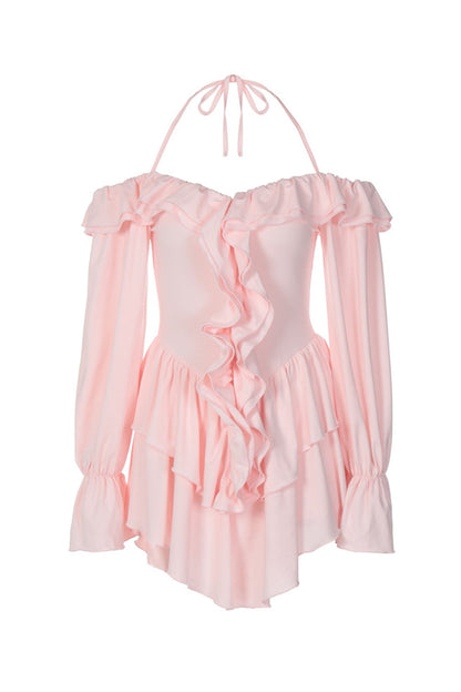 Halter Off-the-shoulder Ruffled Mini Dress