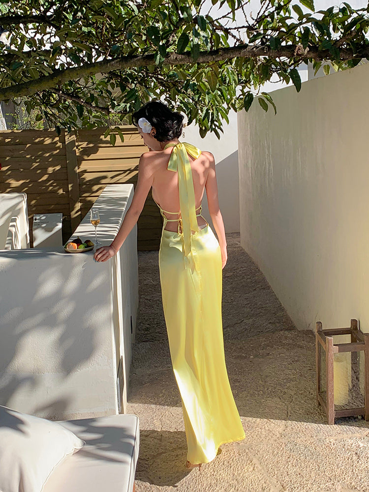Halter V-neck Backless Satin Maxi Dress
