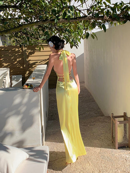 Halter V-neck Backless Satin Maxi Dress