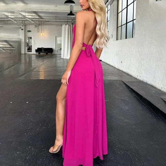 Halterneck V-neck Backless Dresses Party High Waist Slit Sleeveless Long Dress Lace-up Evening Dress