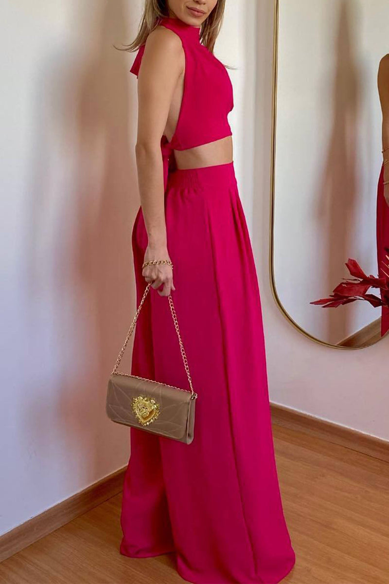 Halterneck Backless Tie Crop Top Wide Leg Pants Set