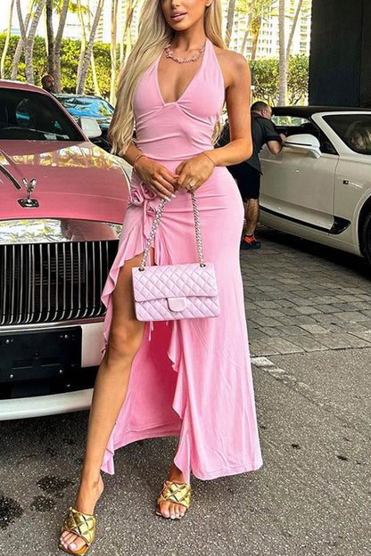 Halterneck Ruffle Hem Midi Dress