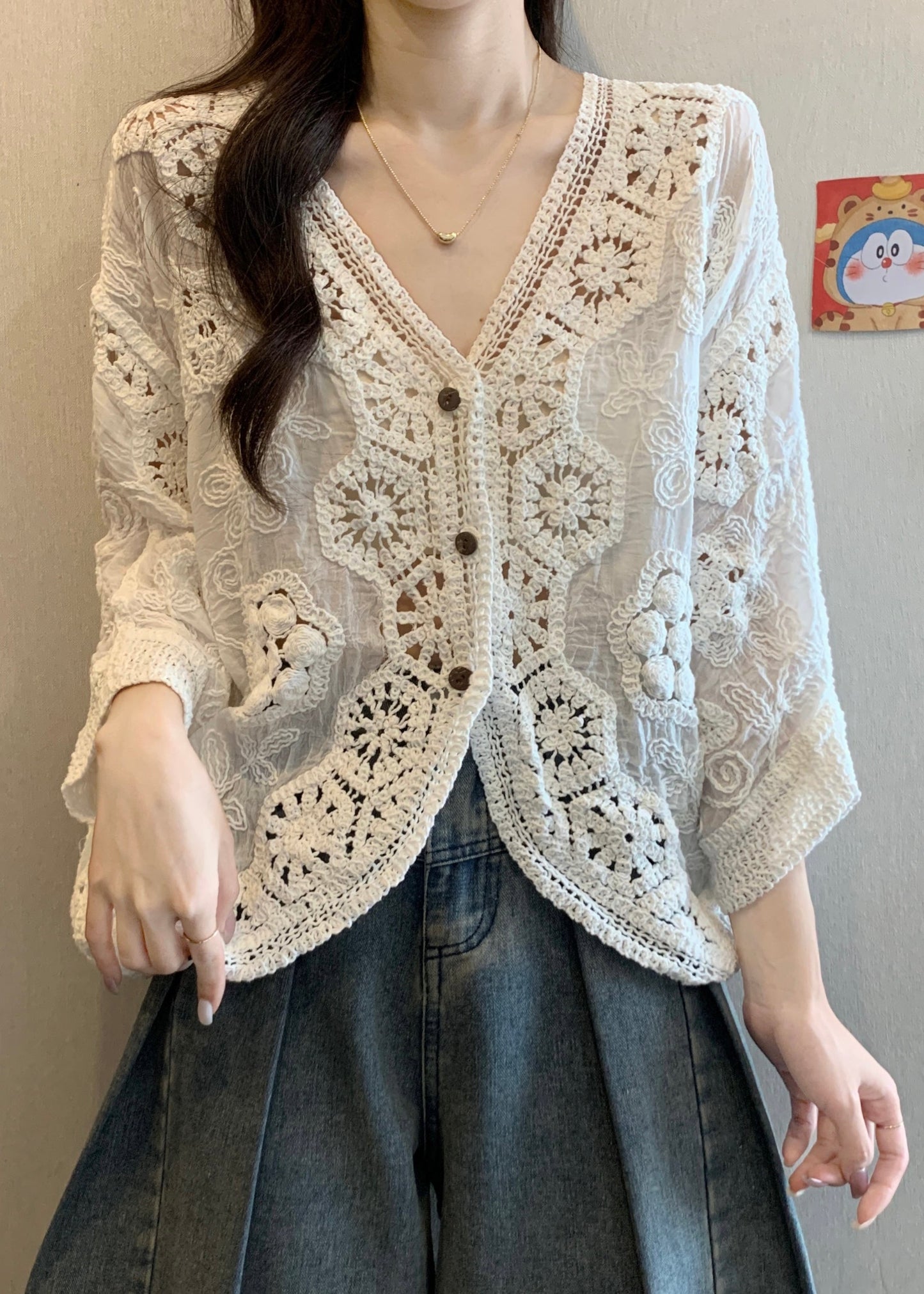 Neck Apricot Cardigan V Handmade Hollow Out Spring Button
