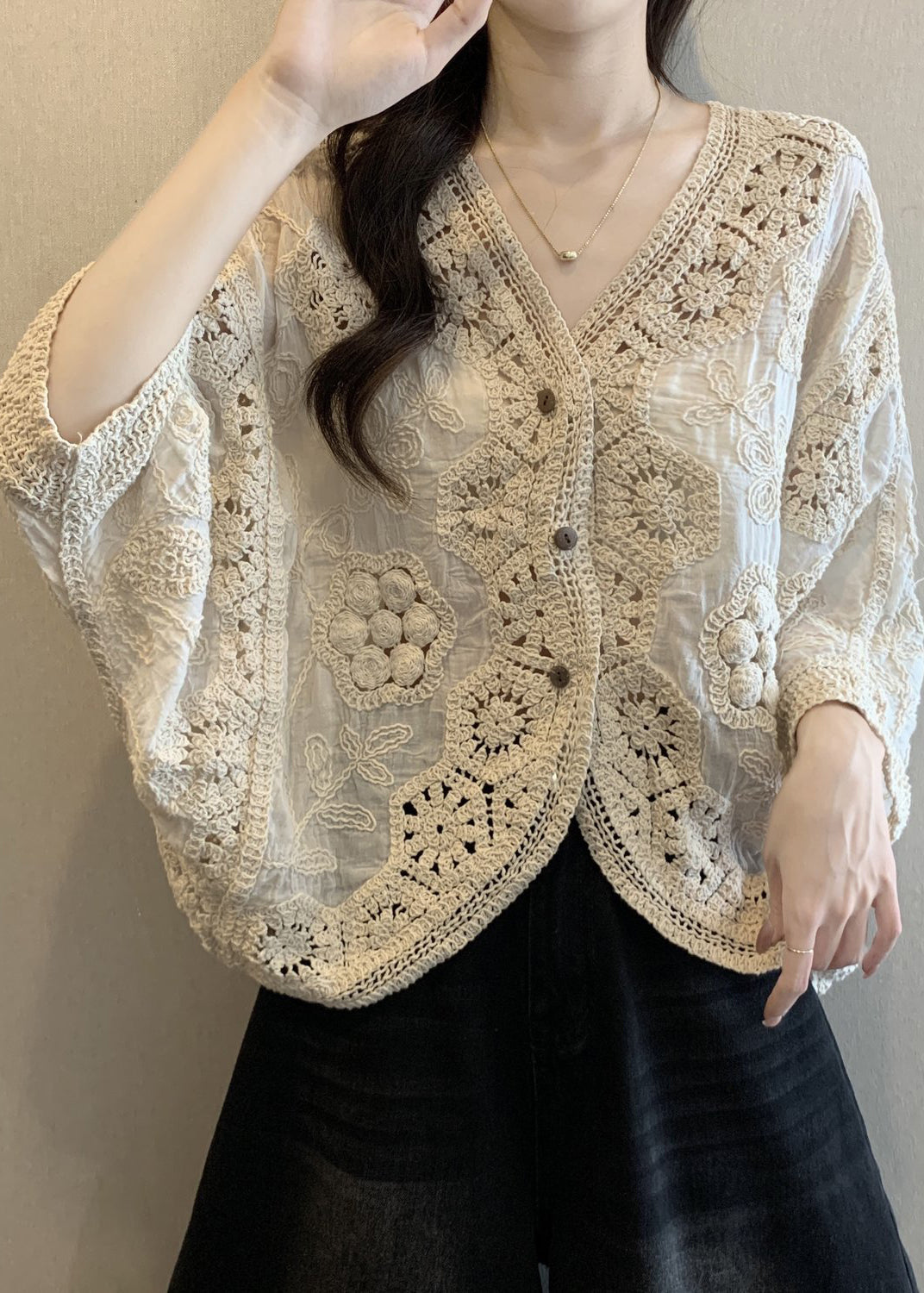 Neck Apricot Cardigan V Handmade Hollow Out Spring Button