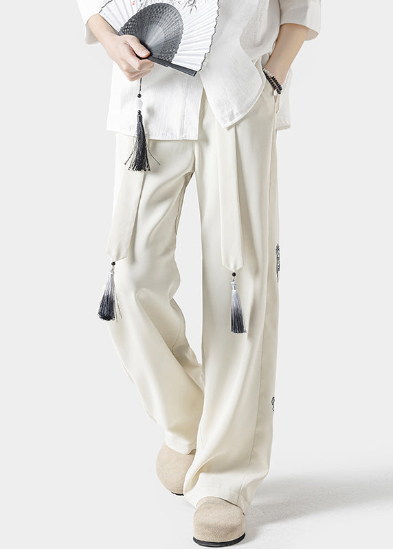 Handmade Beige Embroideried Pockets Ice Silk Pants Summer Yt048