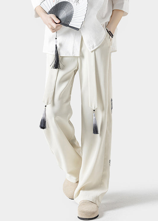 Handmade Beige Embroideried Pockets Ice Silk Pants Summer Yt048