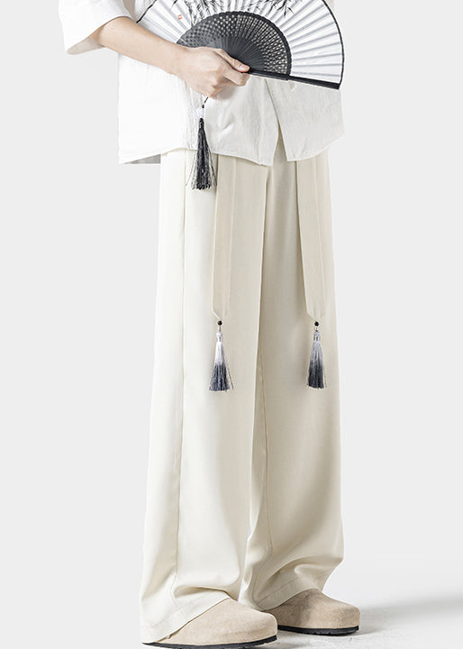Handmade Beige Embroideried Pockets Ice Silk Pants Summer Yt048