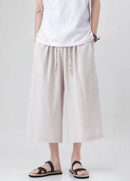 Handmade Beige Pockets Elastic Waist Wide Leg Pants Yt015