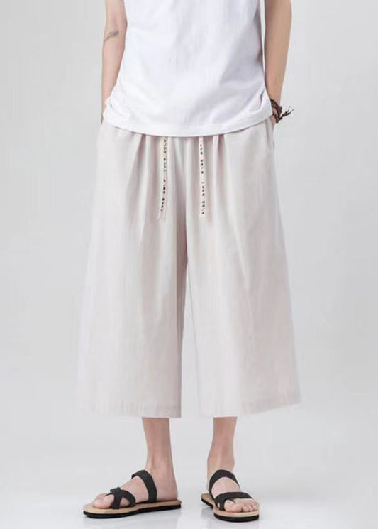 Handmade Beige Pockets Elastic Waist Wide Leg Pants Yt015