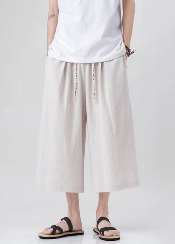 Handmade Beige Pockets Elastic Waist Wide Leg Pants Yt015