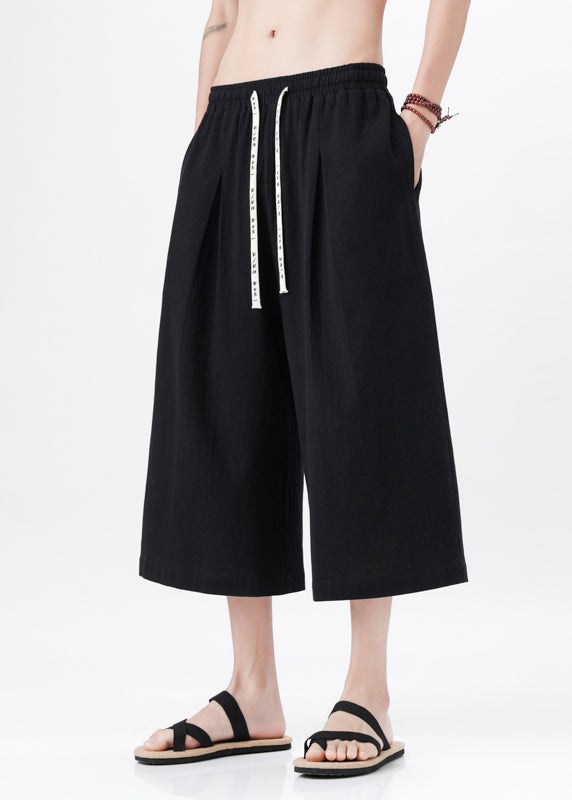 Handmade Beige Pockets Elastic Waist Wide Leg Pants Yt015