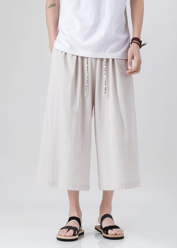 Handmade Beige Pockets Elastic Waist Wide Leg Pants Yt015