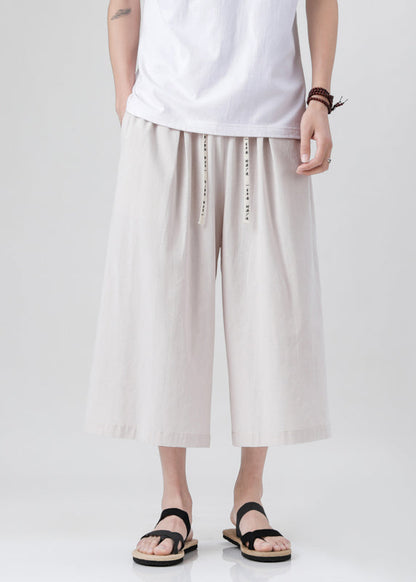 Handmade Beige Pockets Elastic Waist Wide Leg Pants Yt015
