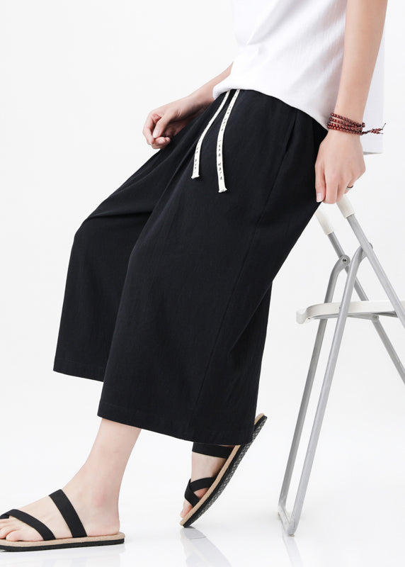 Handmade Beige Pockets Elastic Waist Wide Leg Pants Yt015