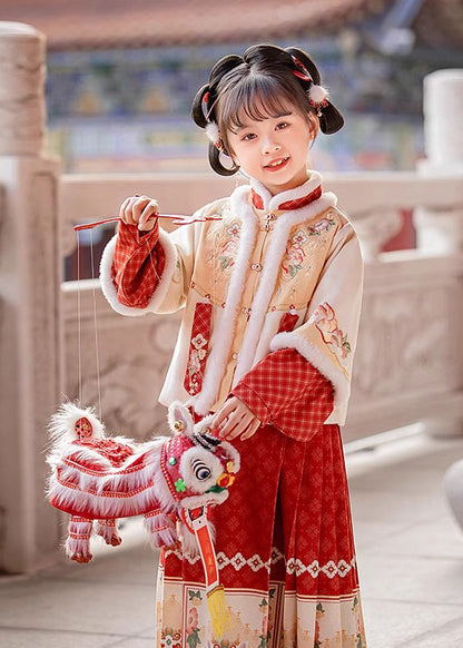 Handmade Beige Stand Collar Patchwork Warm Kids Coats and Maxi Skirts Two Pieces Set Winter Tr012