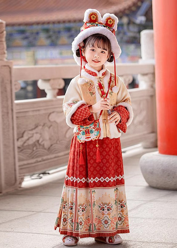 Handmade Beige Stand Collar Patchwork Warm Kids Coats and Maxi Skirts Two Pieces Set Winter Tr012