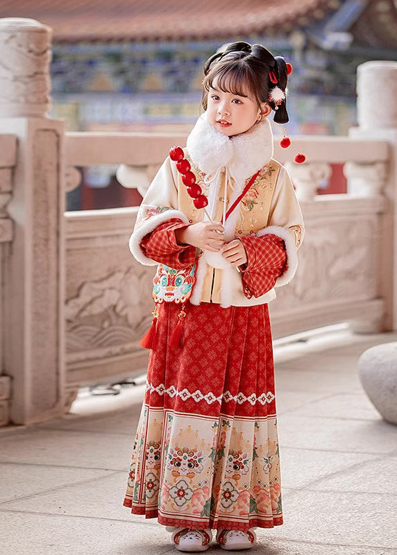Handmade Beige Stand Collar Patchwork Warm Kids Coats and Maxi Skirts Two Pieces Set Winter Tr012