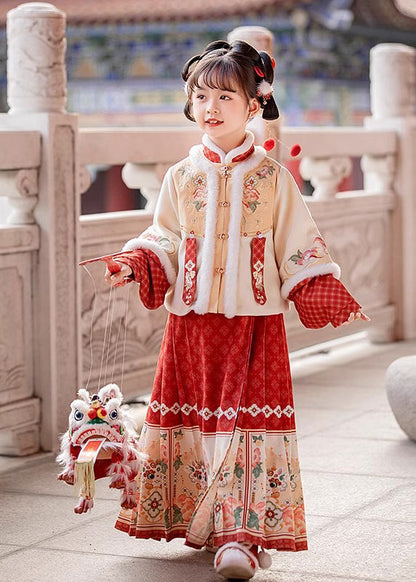 Handmade Beige Stand Collar Patchwork Warm Kids Coats and Maxi Skirts Two Pieces Set Winter Tr012