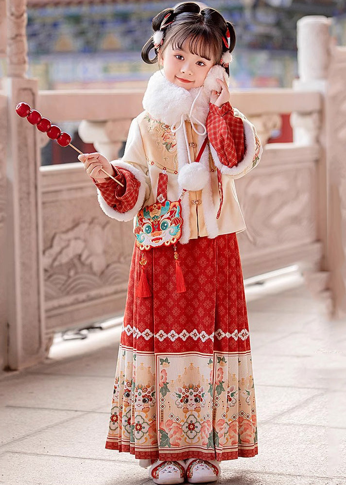 Handmade Beige Stand Collar Patchwork Warm Kids Coats and Maxi Skirts Two Pieces Set Winter Tr012