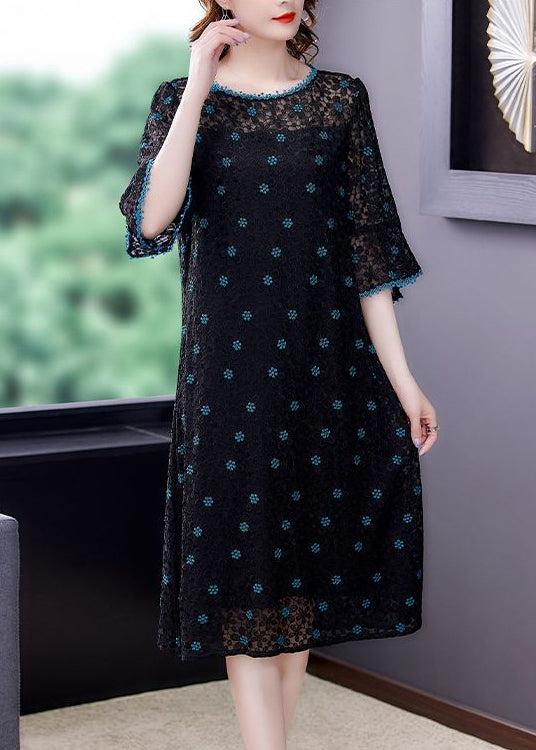 Handmade Black Embroideried Hollow Out Silk Maxi Dresses Flare Sleeve Ac3009
