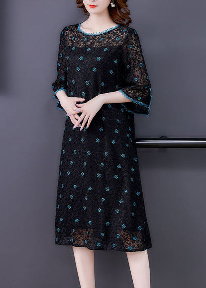 Handmade Black Embroideried Hollow Out Silk Maxi Dresses Flare Sleeve Ac3009