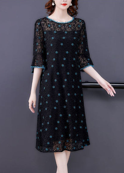 Handmade Black Embroideried Hollow Out Silk Maxi Dresses Flare Sleeve Ac3009