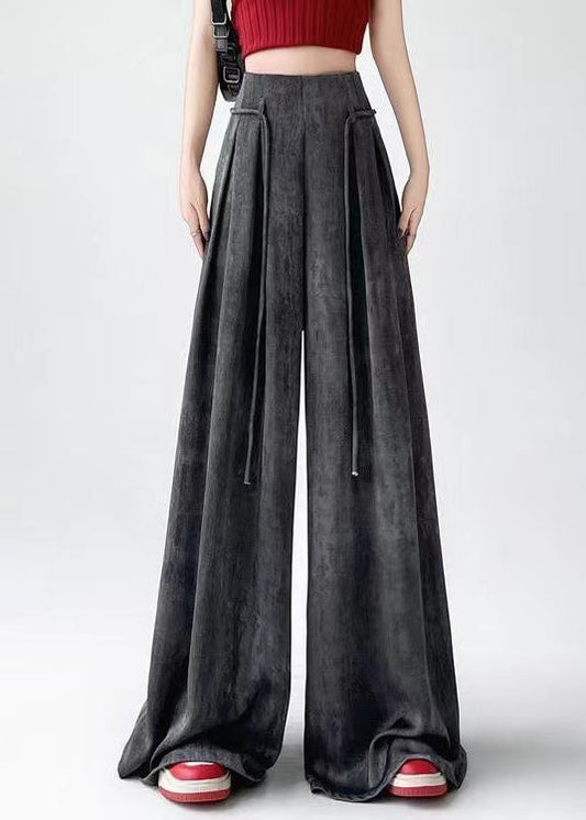 Handmade Black Grey Wrinkled Ice Silk Wide Leg Pants Summer Ru003