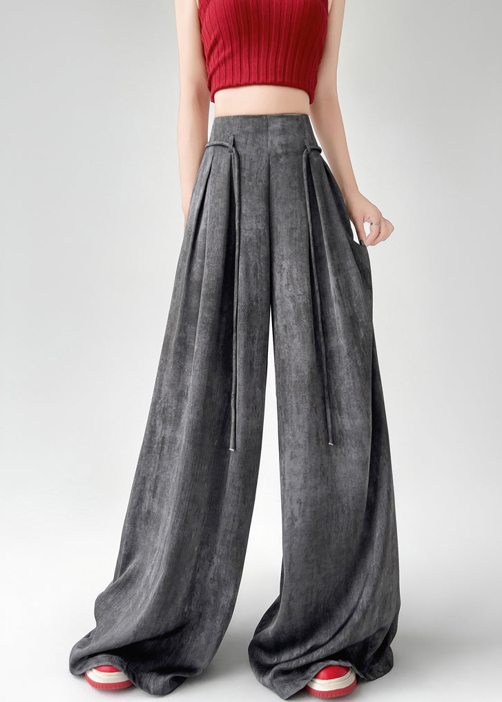 Handmade Black Grey Wrinkled Ice Silk Wide Leg Pants Summer Ru003