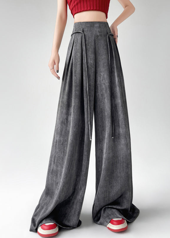 Handmade Black Grey Wrinkled Ice Silk Wide Leg Pants Summer Ru003