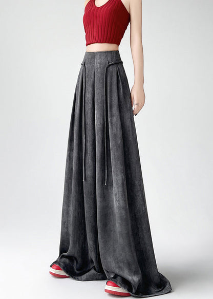 Handmade Black Grey Wrinkled Ice Silk Wide Leg Pants Summer Ru003